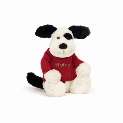 Jellycat Bashful Black & Cream Puppy with Red Jumper New Zealand | ERGZX4891